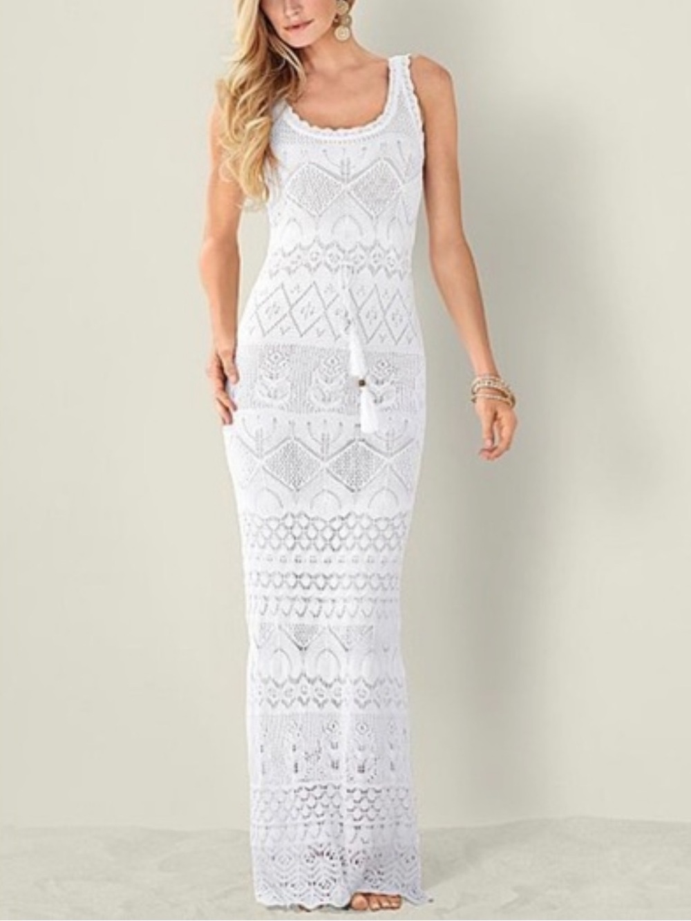 VENUS White Crochet Maxi Dress with Tassel Tie size small